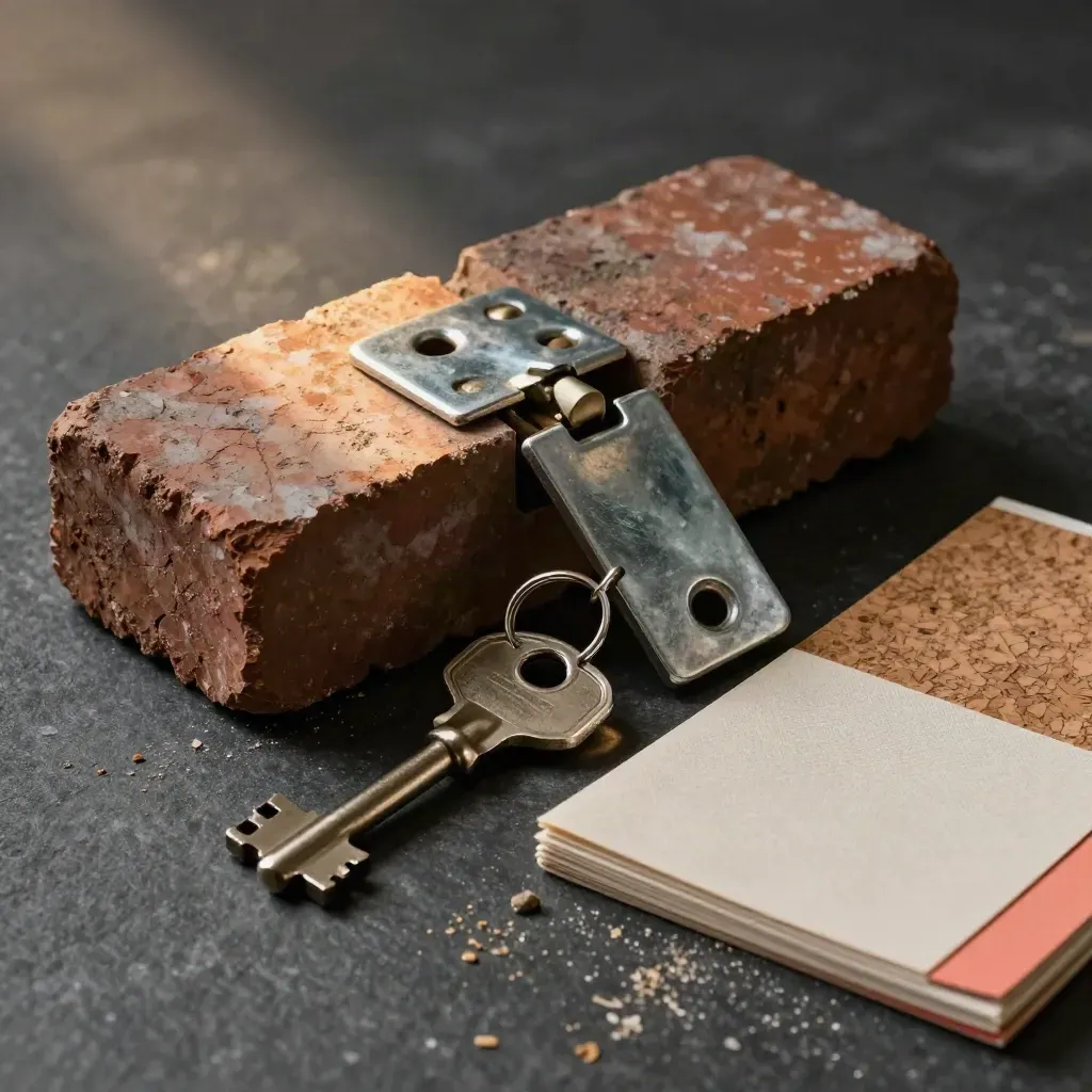 Brick sample, zinc hinge, house key, and cork swatches on dark stone in dramatic studio light.