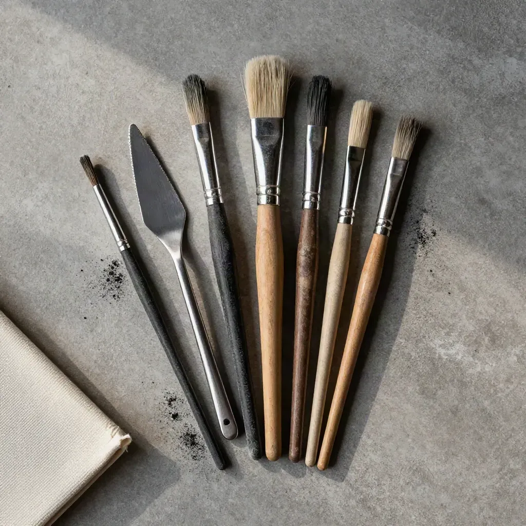 Overhead flat lay of charcoal, brushes, palette knife, and canvas on brushed concrete.