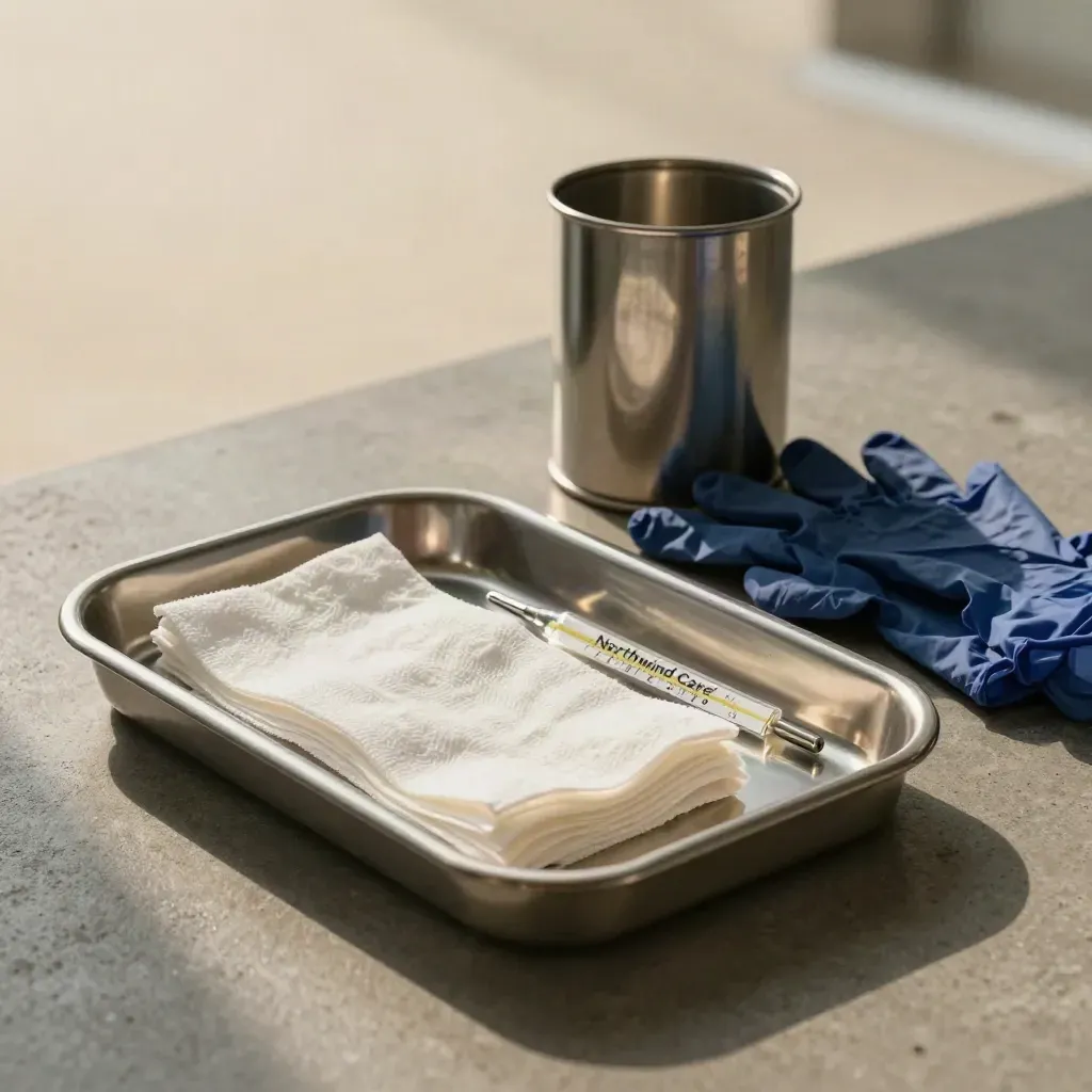 Clinical still life with kidney tray, gauze, thermometer, gloves, and steel canister on concrete.