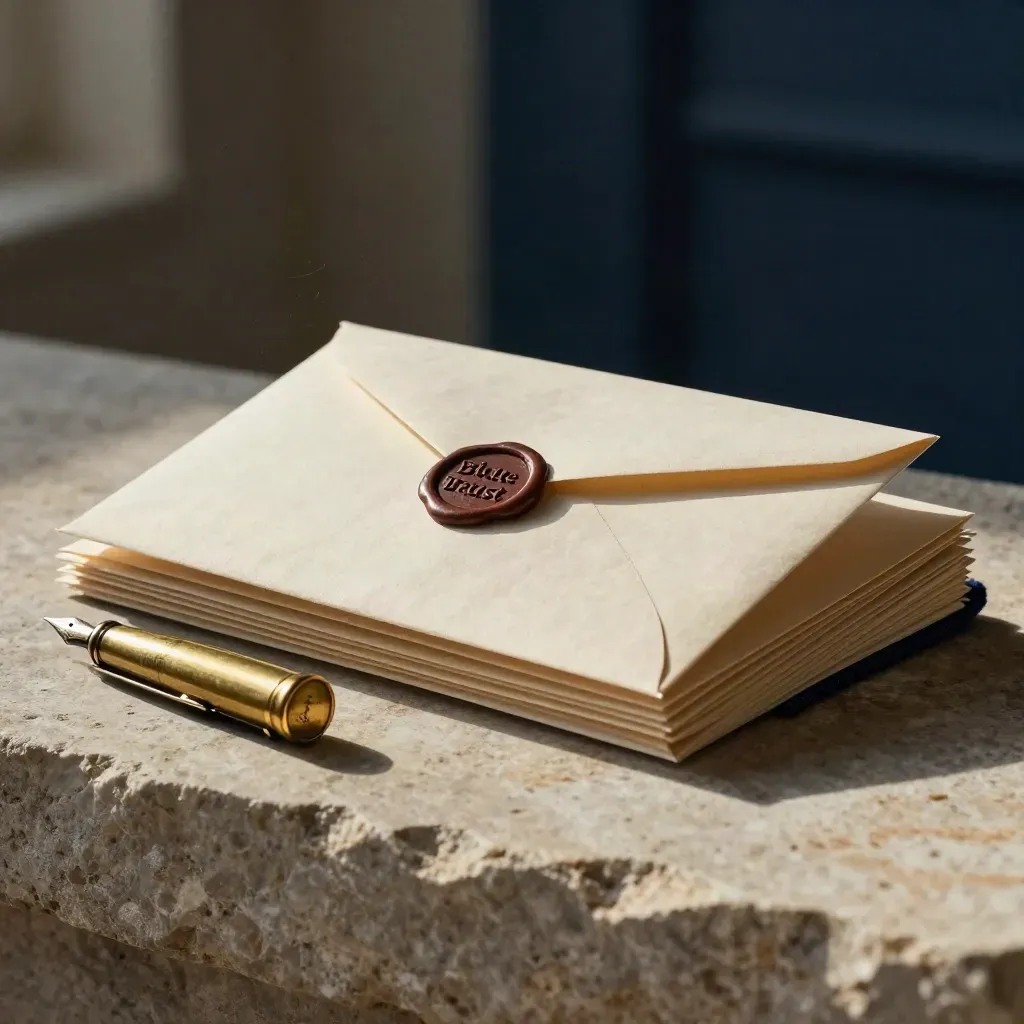 Brass signet and sealed envelopes on limestone with directional light.