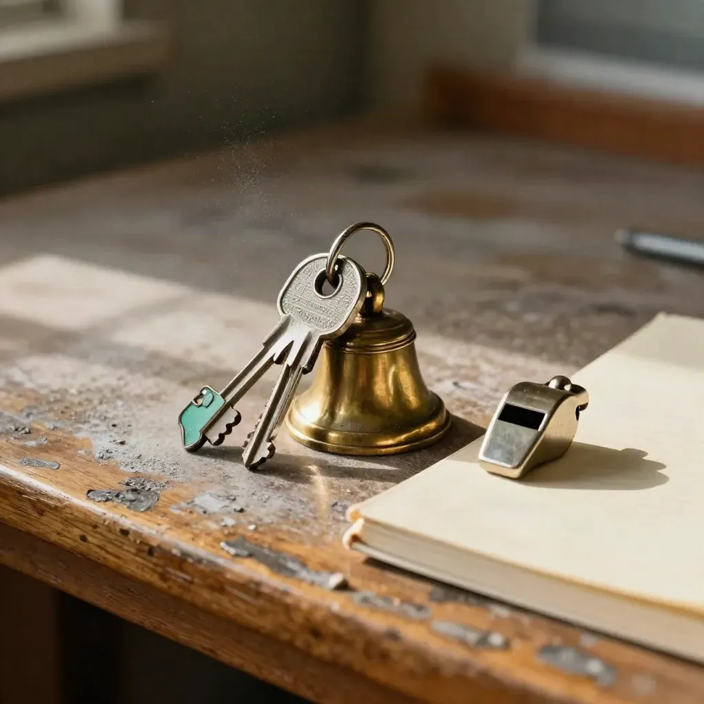 Brass school tools on worn wood: locker key, bell, whistle, and closed notebook.