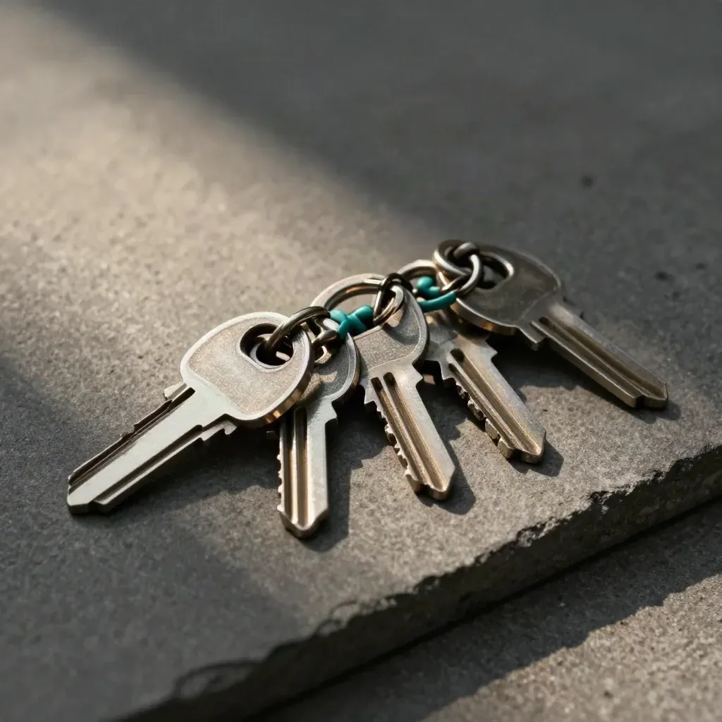 Three interlocked metal key rings with a clasp on graphite concrete, lit from the upper left.