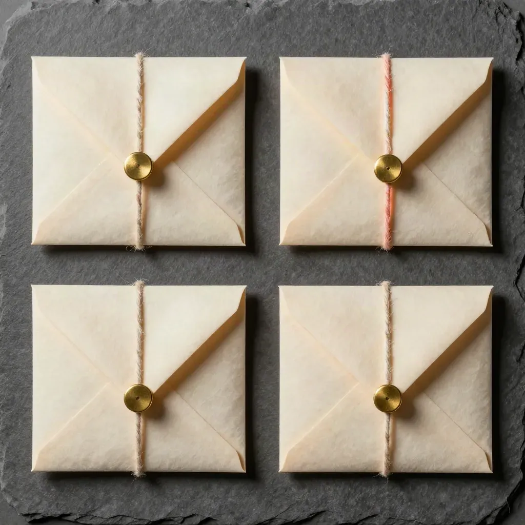 Top-down of two sealed envelope bundles tied with cord beside a brass weight on graphite stone.