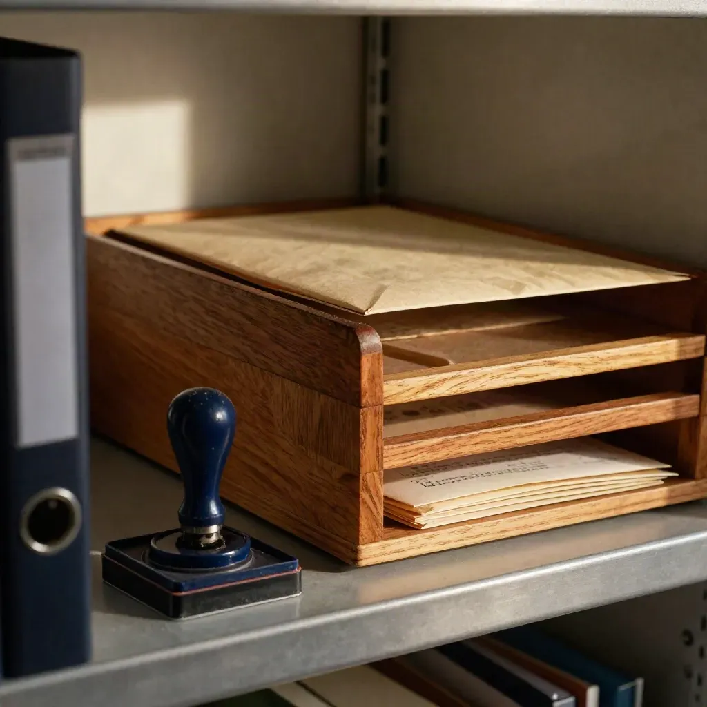 Stamp pad, receipt envelopes, and wooden sorter trays seen past a blurred binder edge in office light.