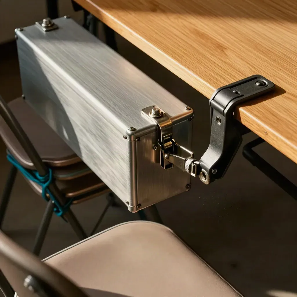 Top-down still life of hall clamp, lockbox, chair glides and teal cable ties on a folding table.