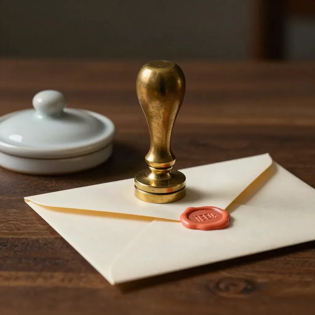 Brass receipt stamp, sealed thank-you envelope, and ceramic jar lid on walnut in dramatic studio light.