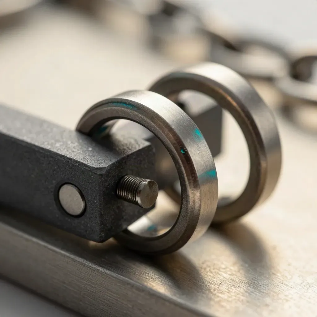 Macro of interlocking steel rings, a graphite block, and a pin on brushed metal with teal accent.