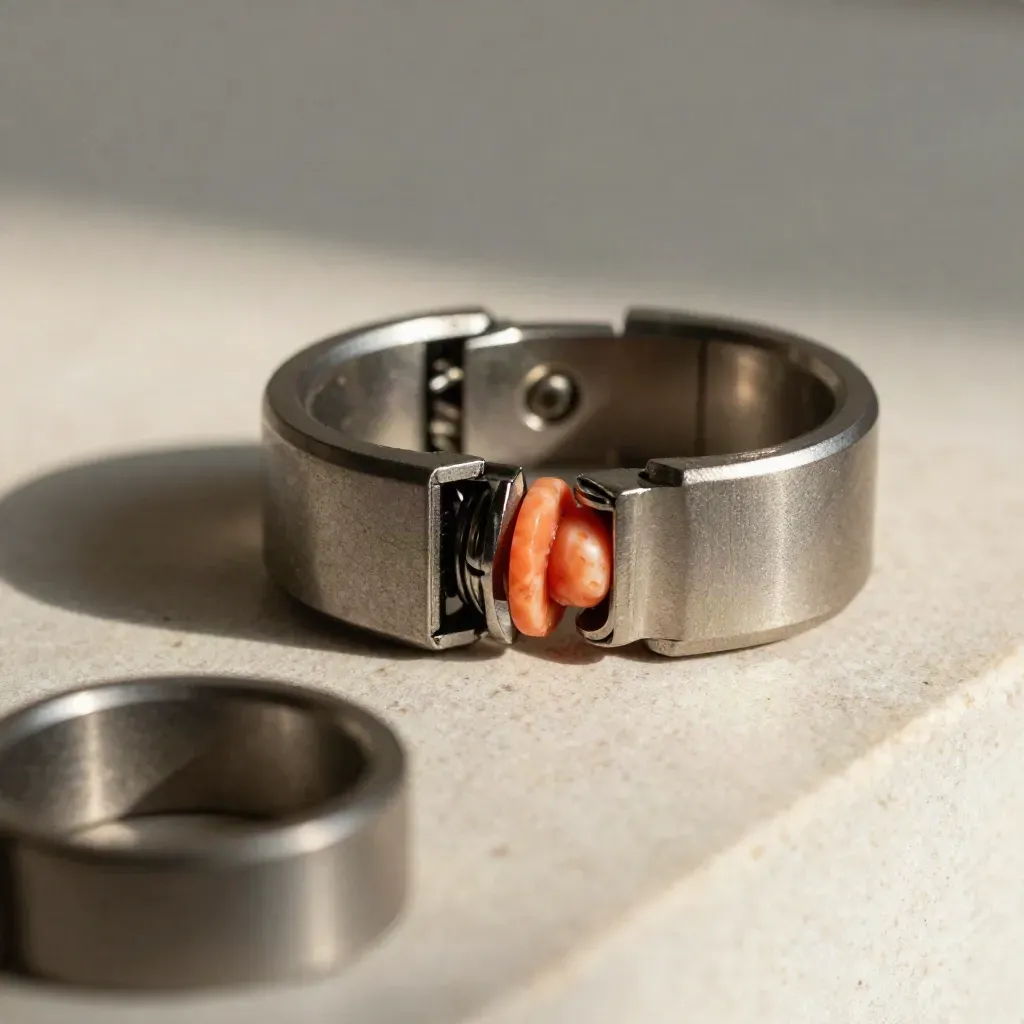 Aluminum coupling collars and a spring clasp on pale stone with a coral accent.