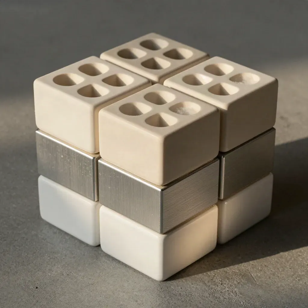 Ceramic and aluminum modular blocks with felt spacer on concrete, lit from upper left