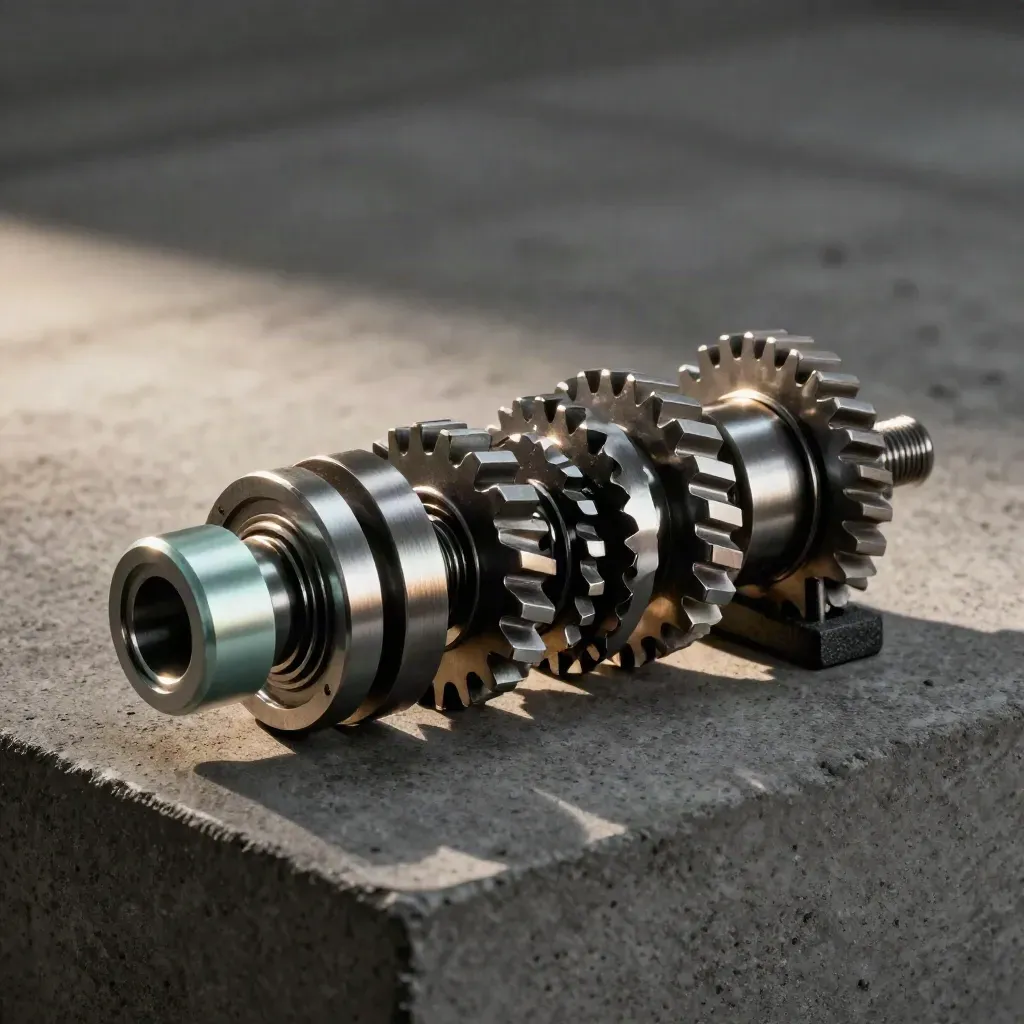 Gear segments and alignment pins assembling on dark concrete with a graphite bracket