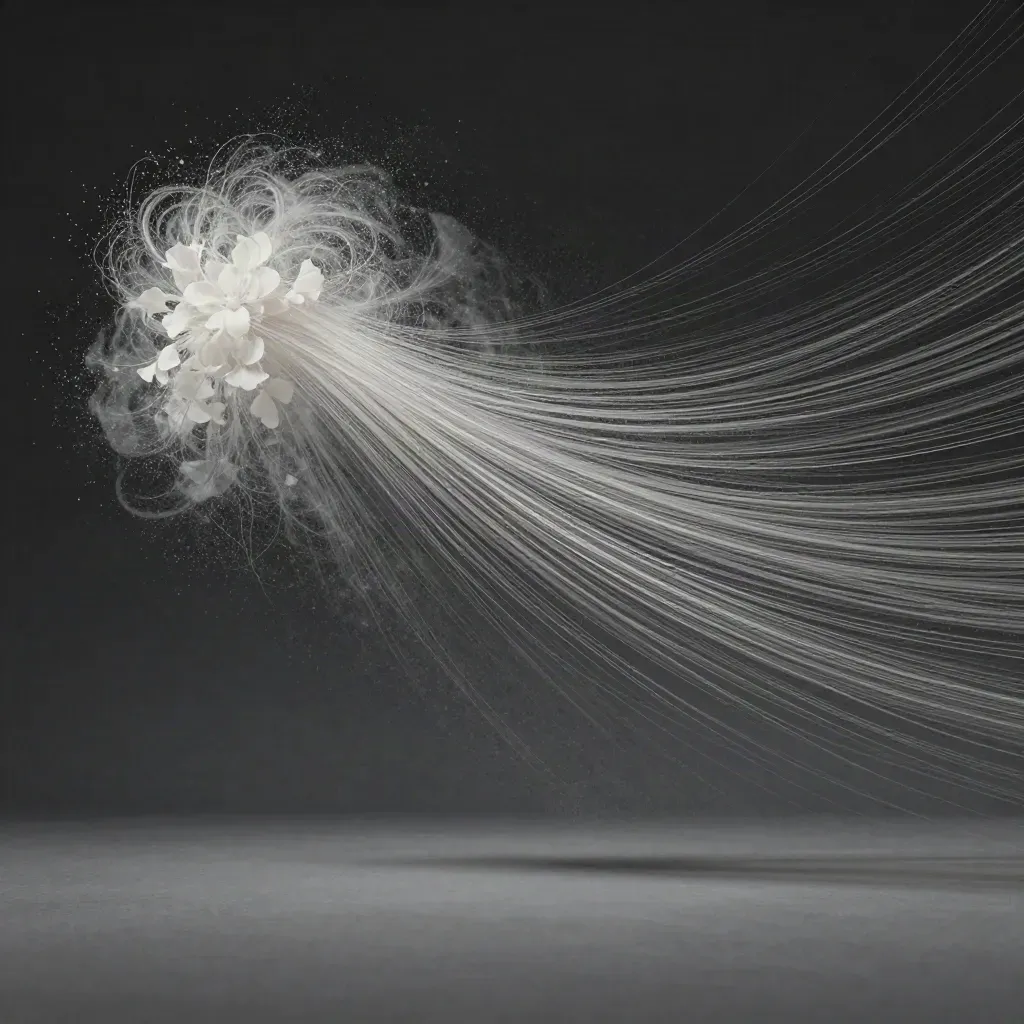 Silver filaments converge into a white bloom in graphite space with drifting haze.